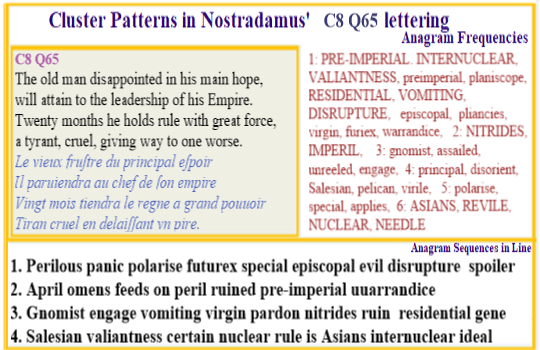  Nostradamus Centuries 8 Quatrain 65 Twenty months of a tyrants rule are marred by perilous panic and disrupture over nuclear threats contrary to the pricipal ideals of an Asian backed plan.