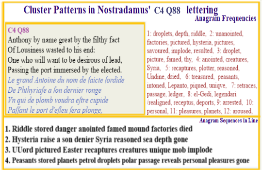 Nostradamus Prophecies Centuries 4 Quatrain 88 nthony great in name but befouled by deeds which include a quest for lead and leads to his being drowned by a elected one who is passing via the port.