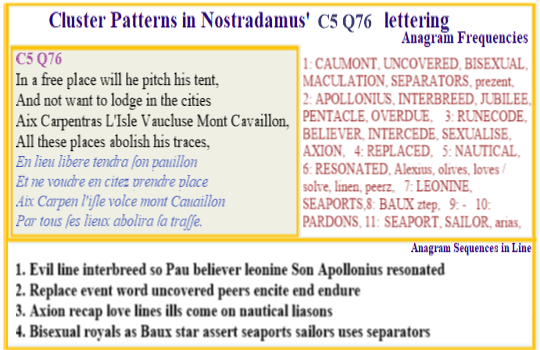 Nostradamus C5 Q76 A leader pitches his tent in a place free of threat such as 'Les Baux 'not in a current city for all traces of these are gone.