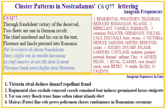  Nostradamus Centuries 6 Quatrain 77 Via fraudulent deception two fleets are made one in a German revolt where a chief is murdered onboard and his son in a tent. Then those of Florence and Imola are pursued into Romania