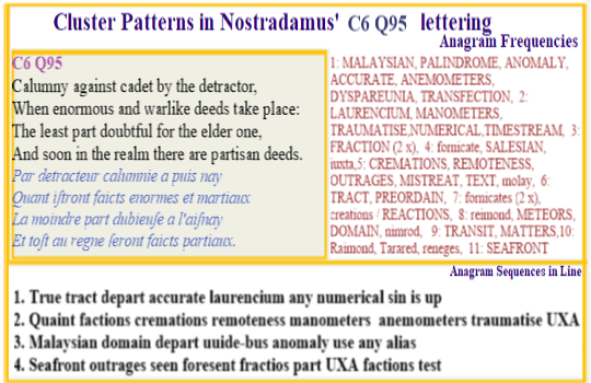  Nostradamus Centuries 6 Quatrain 95 This verse carries many clues that it refers to both the 2014 disappearance of  Malaysian airlines flight MH730 and the dubious explanations by owners and makers to explain the event. Its inclusion in Nostradamus prophecies may well imply it is more significant to the future than it appears