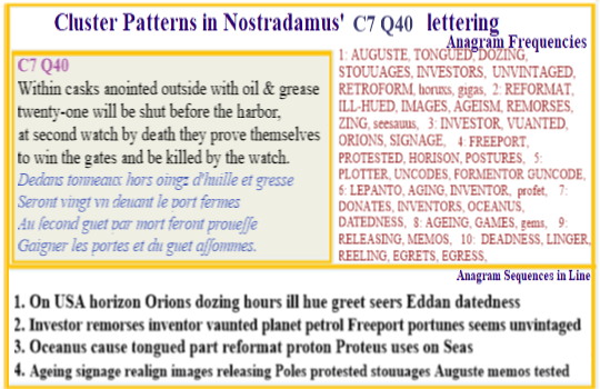  Nostradamus Centuries 7 Quatrain 40 This verse carries the story of a gun plot by twenty one people who prove themselves willing to die to open the gates to the harbour. Behind this plot are investors in petroleum shipping. 