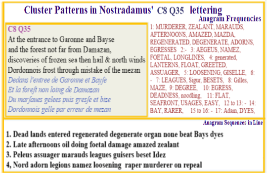  Nostradamus Centuries 8 Quatrain 35 This verse covers the region around Bordeaux and along the Garonne to Agen where Nostradamus lived in the 1530s. Its topic is changing weather patterns and the impact of this change on the land.