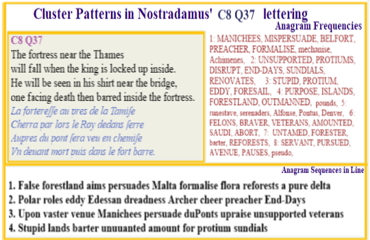  Nostradamus Centuries 8 Quatrain 37 A story crossing two very different epochs sees a fortress near the Thames falling when the king locked inside is seen only in his shirt near the bridge. A person facing death is then banned from entering the fortress. Turmoil in the environment starts to be redressed.