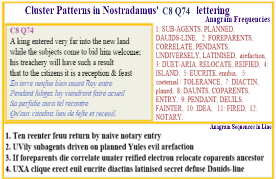  Nostradamus Centuries 8 Quatrain 74 The anagram  for eucrite in the last line  relates to a stony meterite and henc to Nostradamus' fire in the sky events that takes place late in the 21st century. In this context 'the king entering far in a new land', sets this verse's text in the yet to occur time of massive national disruptions.